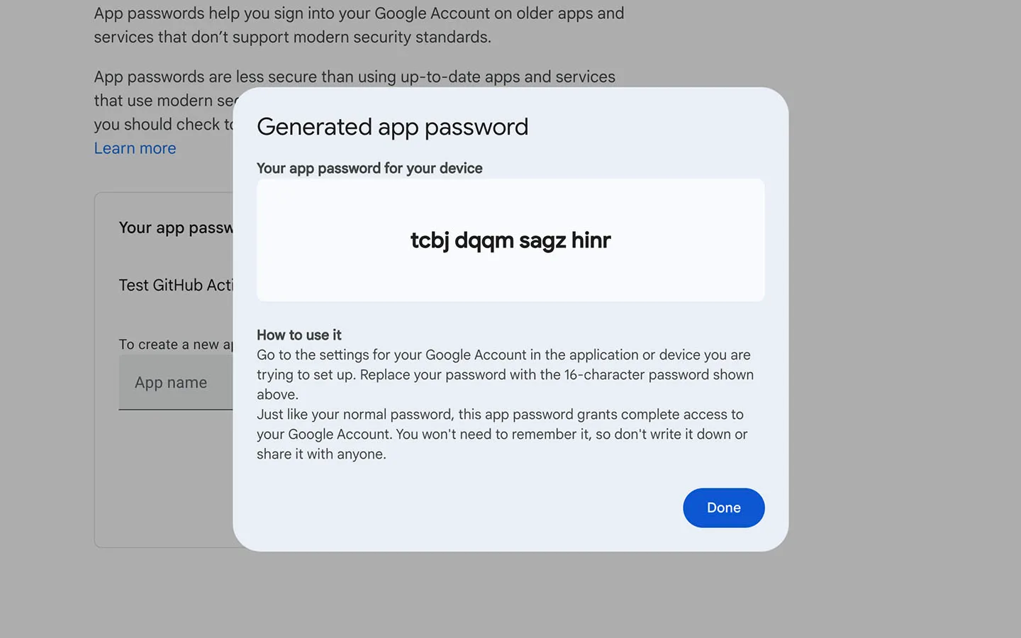 Screenshot of App password