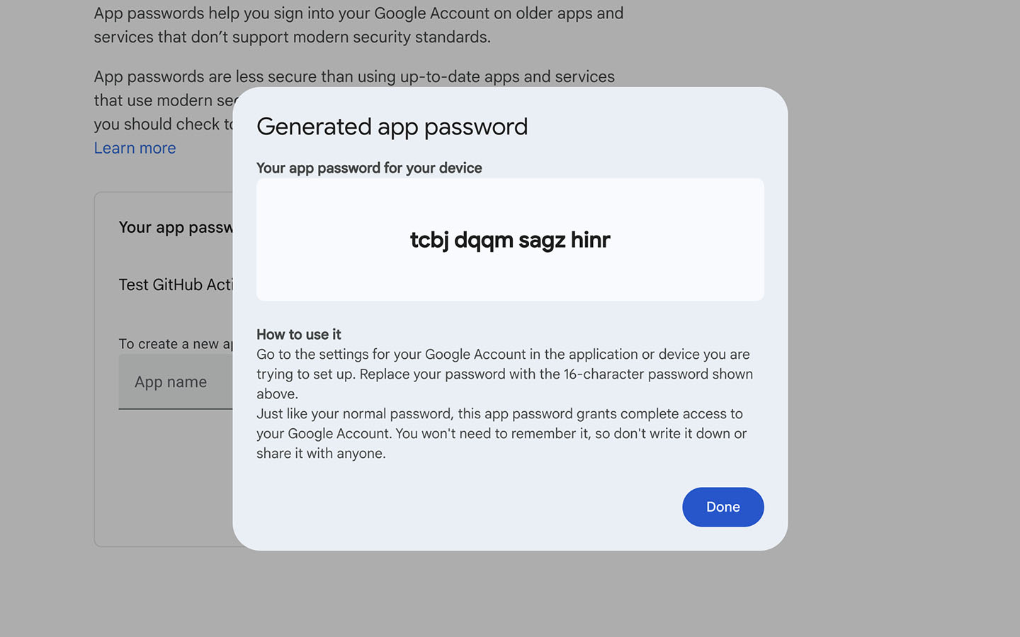 Screenshot of App password