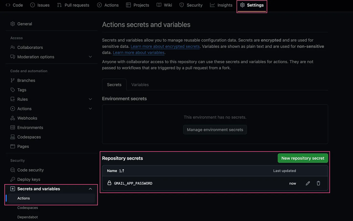 Screenshot of GitHub Secrets