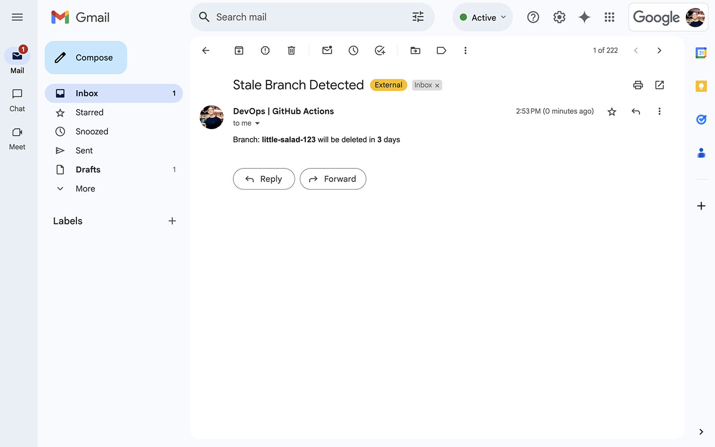 Screenshot of sent email