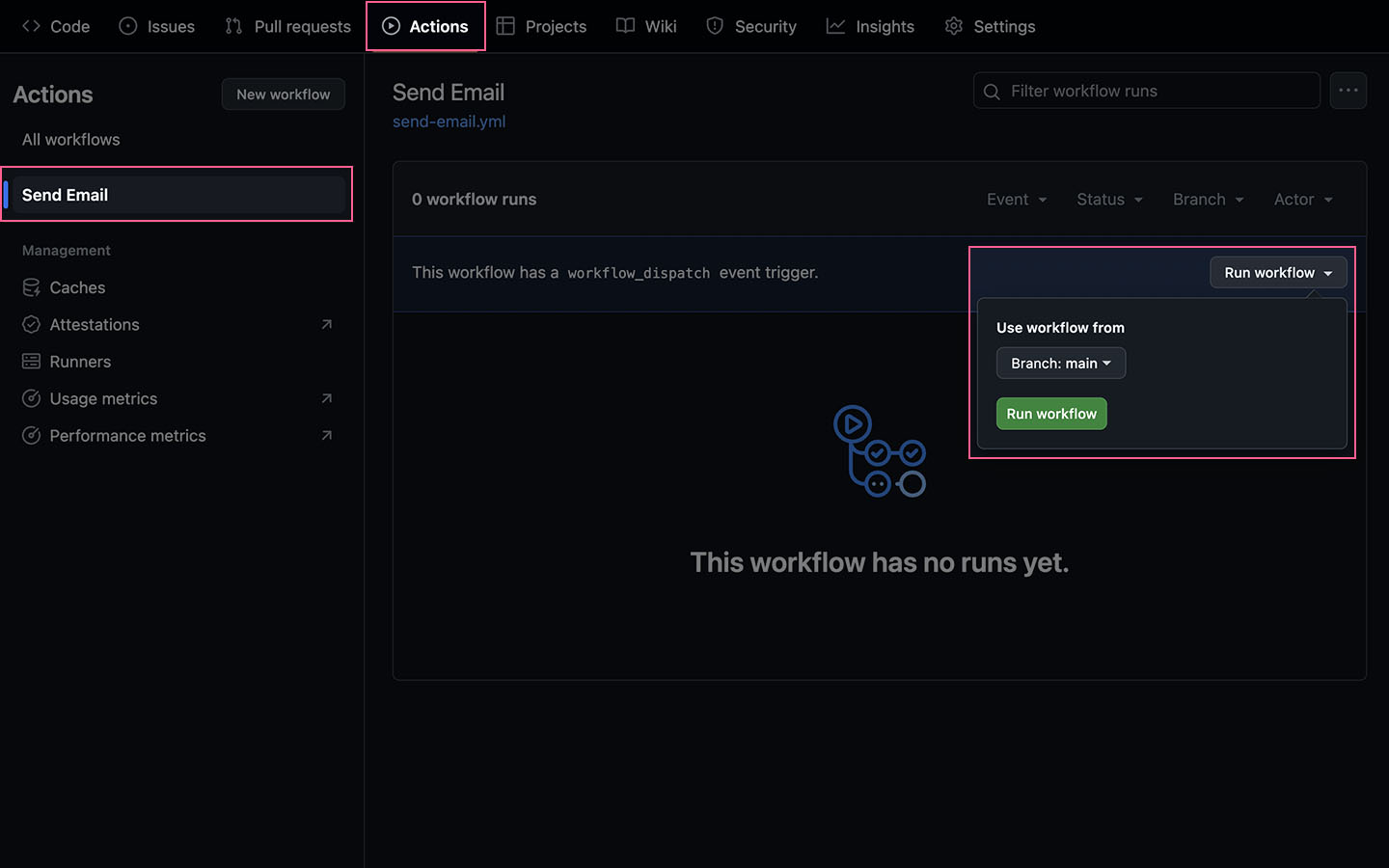 Screenshot of GitHub Action run workflow