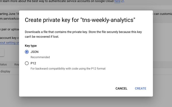 Screenshot of Google Application credentials .json download