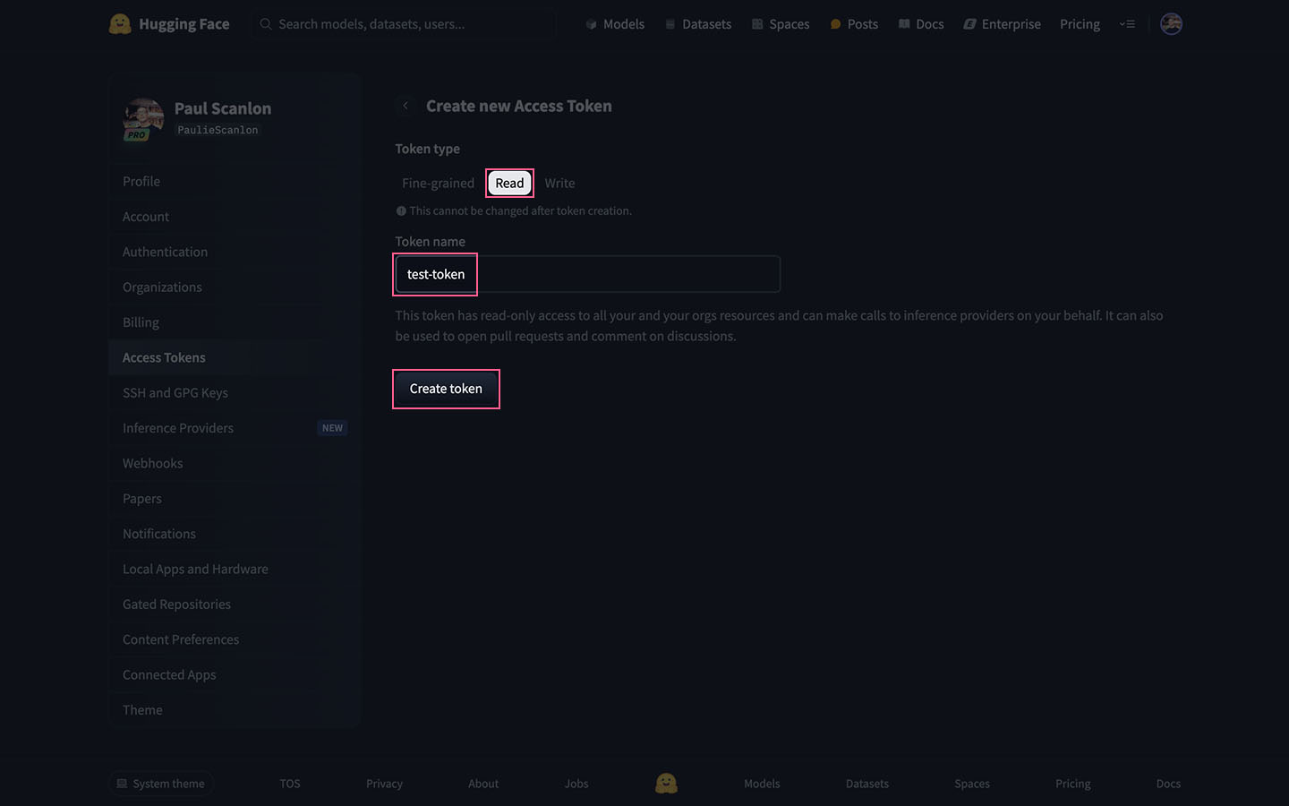 Screenshot of access token create