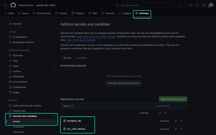 Screenshot of repository secrets
